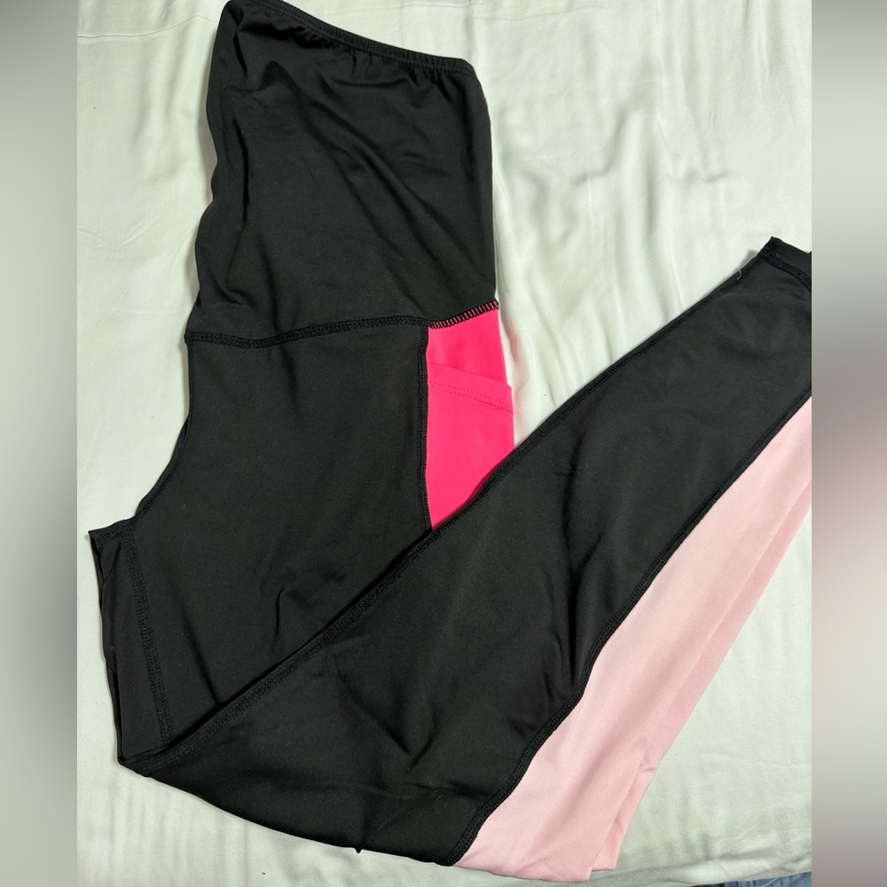 SHEIN Maternity Black Leggings with Hot Pink and Light Pink Panels
